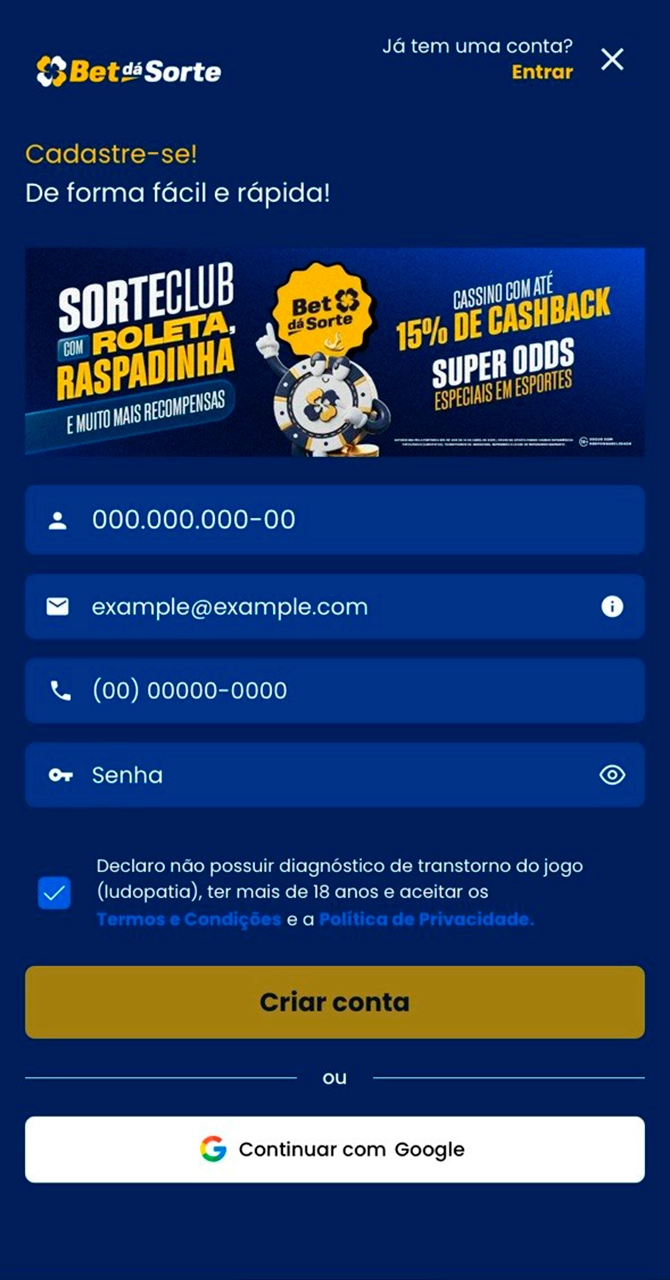 Crie sua conta com rapidez para apostar na Bet da Sorte.