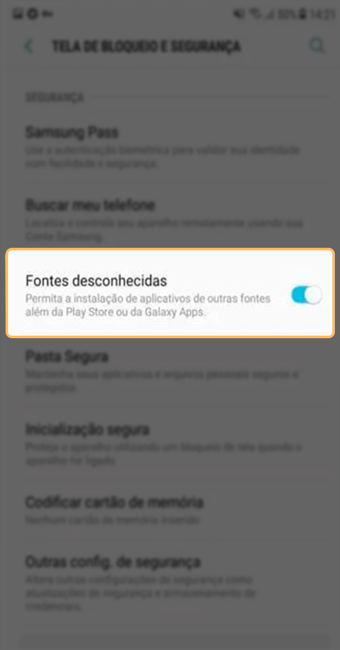 Configuração de segurança para instalar o app Bet da Sorte.