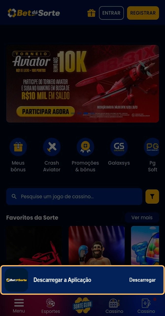 Localização do botão de download no portal Bet da Sorte.