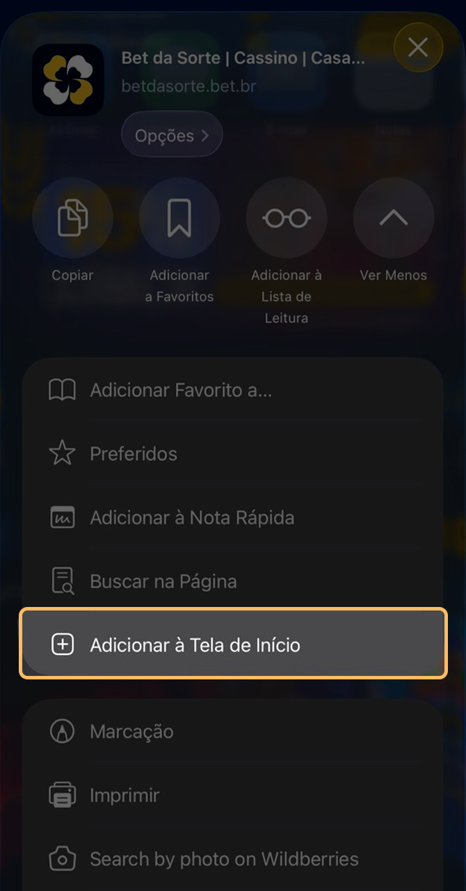 Criando atalho da Bet da Sorte na tela do iPhone.