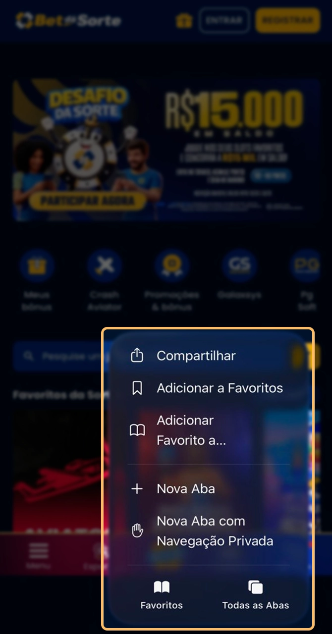 Opções de compartilhamento do site mobile da Bet da Sorte.