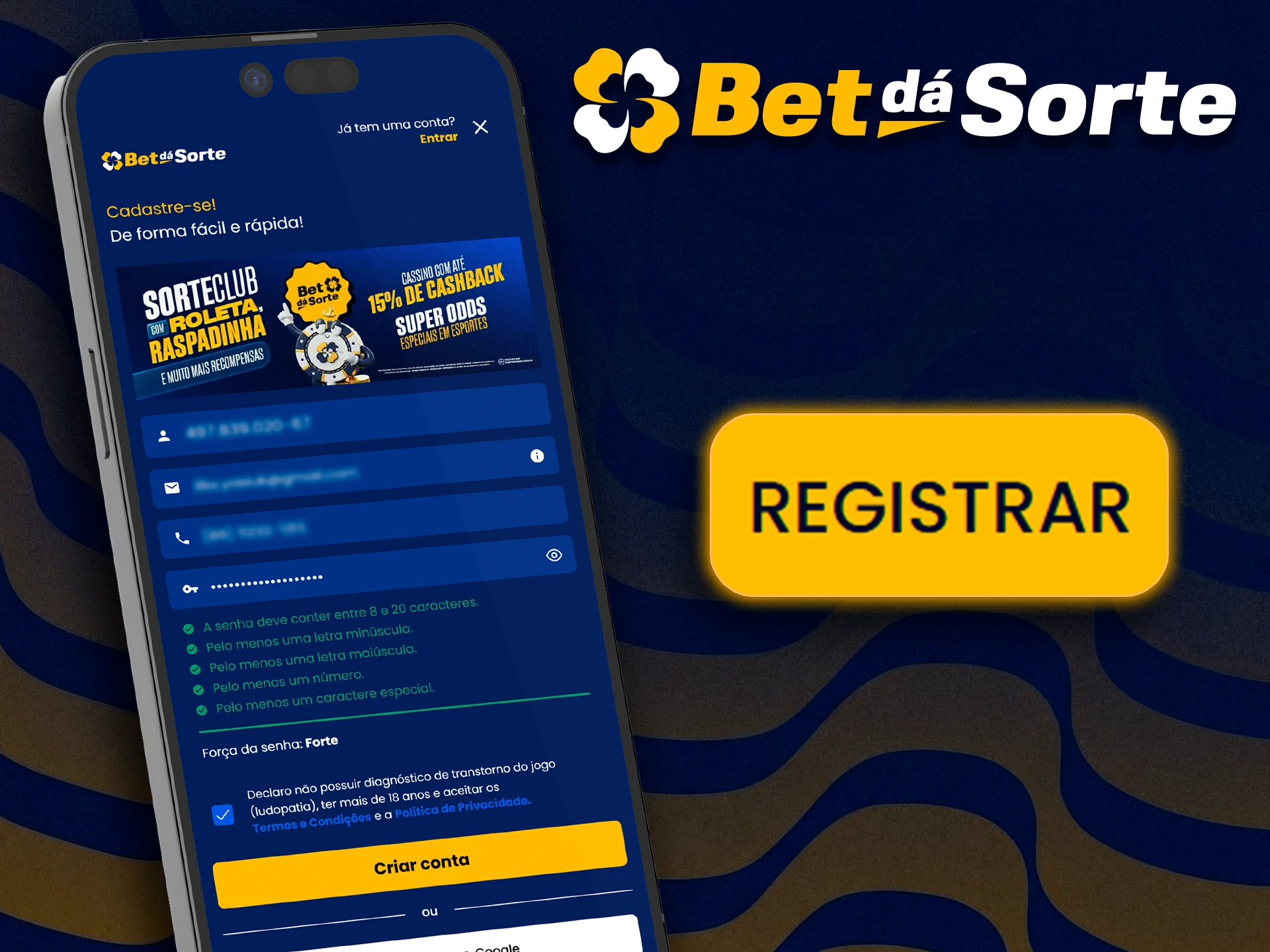 Formulário de registro de novos usuários no app Bet da Sorte.