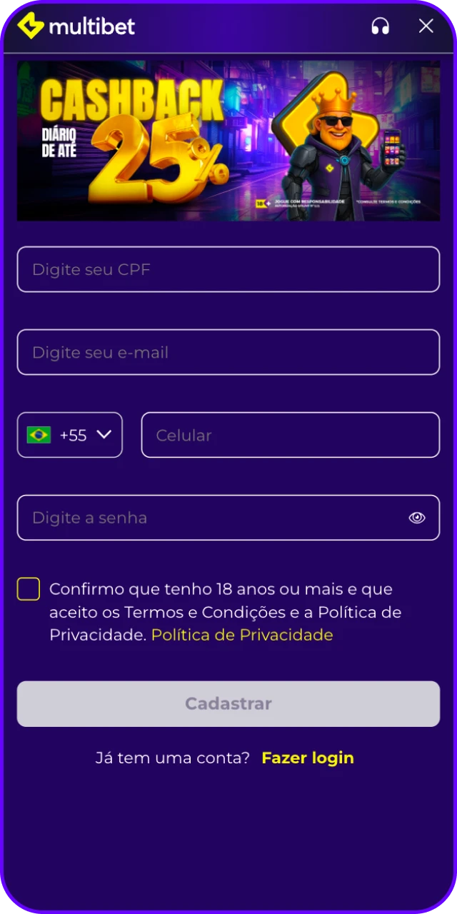 Complete seu registro facilmente na interface de cadastro do MultiBet App.