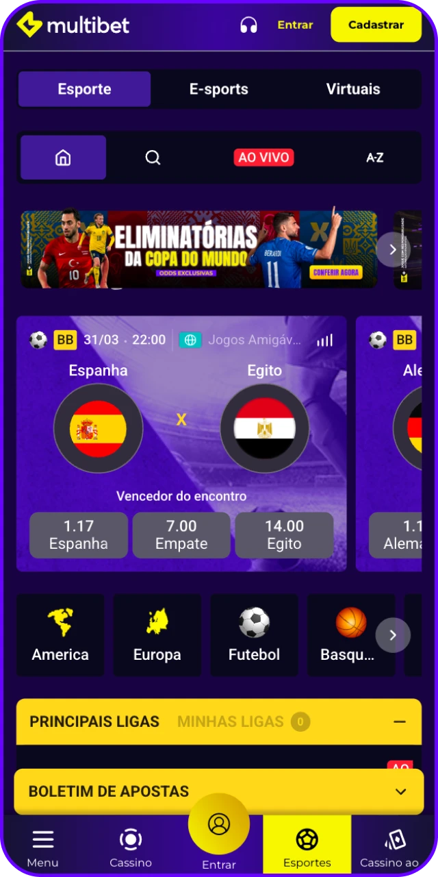 Faça suas jogadas rapidamente pela interface de esportes do MultiBet App.