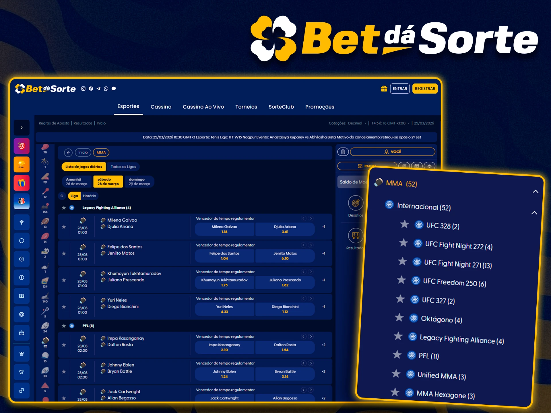 Lutas de UFC e Boxe para apostar na Bet da Sorte.