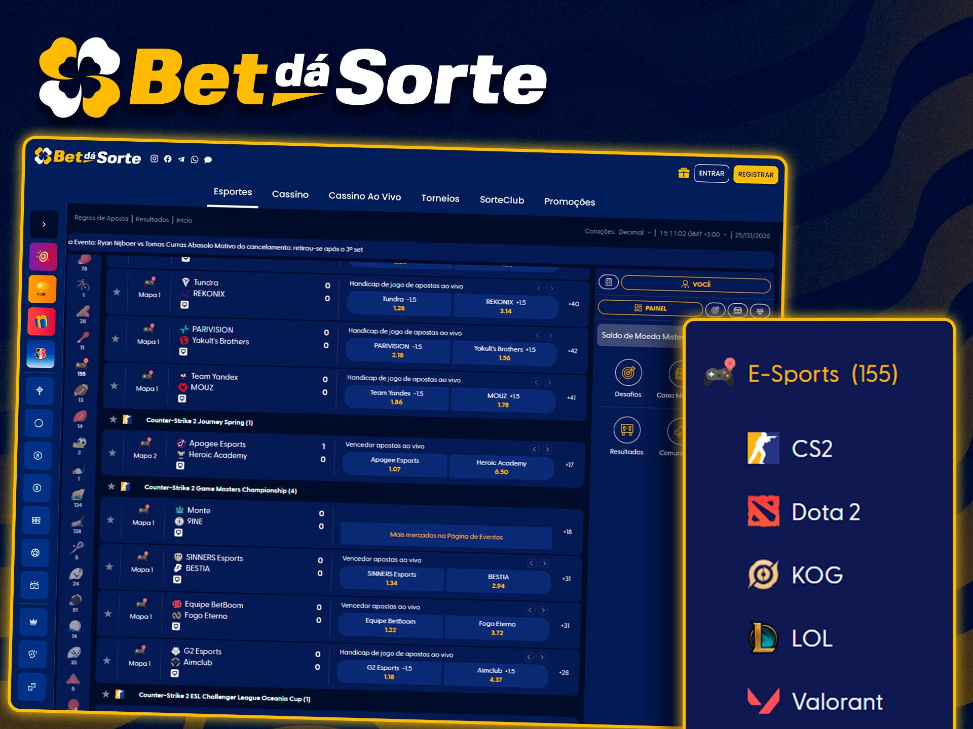 Diversas modalidades esportivas alternativas presentes na Bet da Sorte.