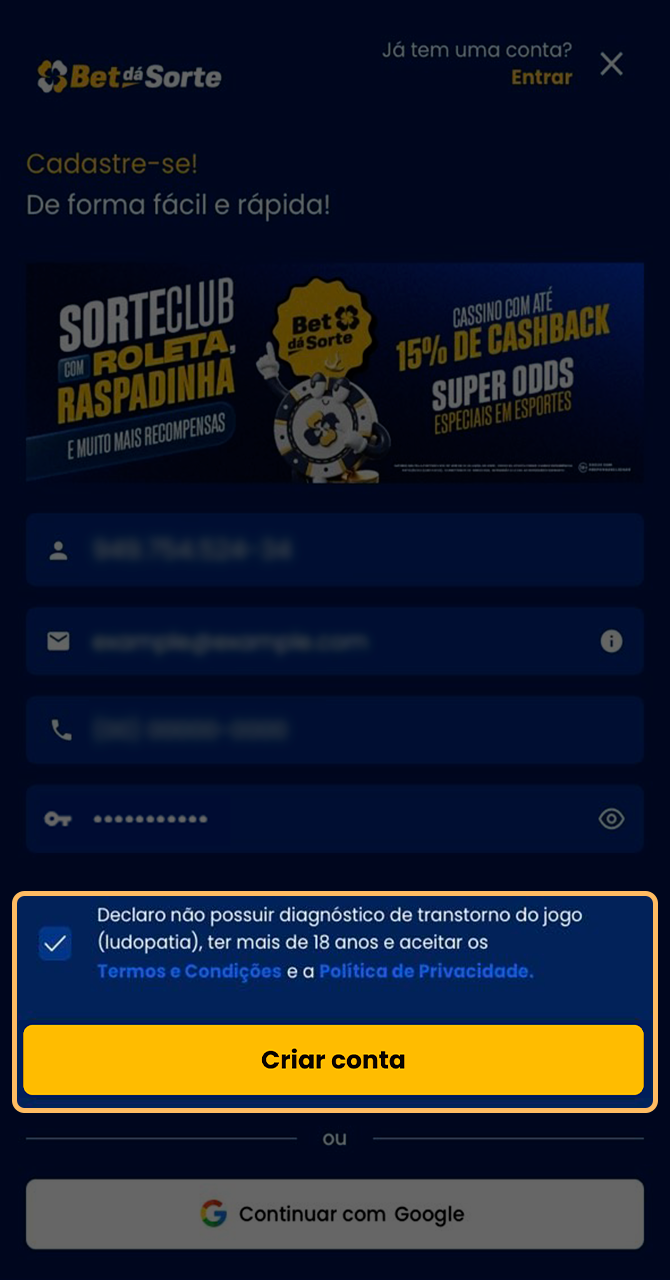 Aceite das regras e conclusão do cadastro na Bet da Sorte.