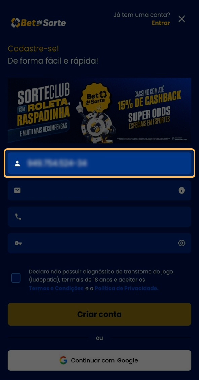 Formulário de preenchimento de dados iniciais na Bet da Sorte.