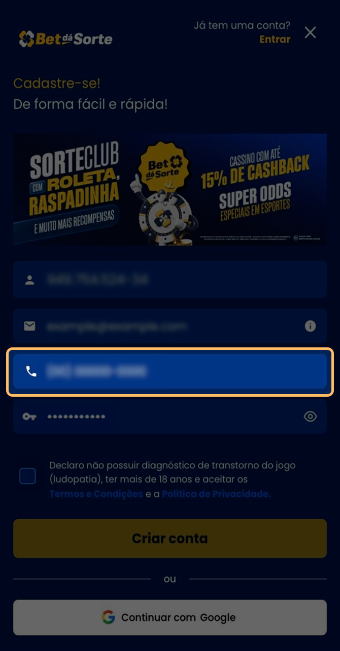 Processo de validação de número celular na Bet da Sorte.